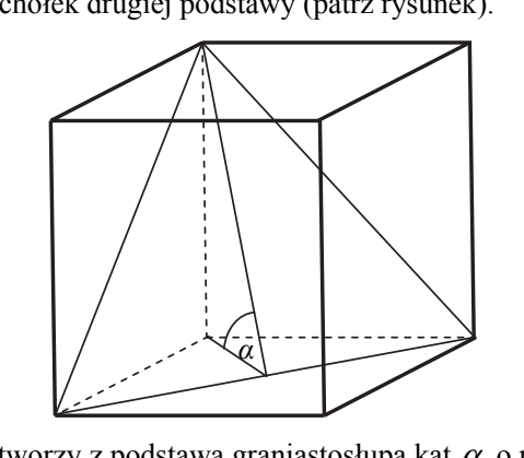 Graniastosłup prawidłowy czworokątny przecięty płaszczyzną przechodzącą przez przekątną podstawy i jeden wierzchołek górnej podstawy. Przy środku podstawy zaznaczono kąt alfa między płaszczyzną przekroju a płaszczyzną podstawy.