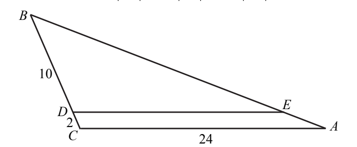 Trójkąt ABC z wierzchołkiem B u góry po lewej; na boku BC punkt D wyznacza odcinki BD = 10 i DC = 2, na boku AB leży punkt E, a odcinek DE jest równoległy do boku CA o długości 24.