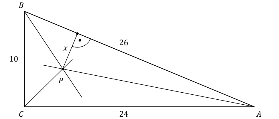 Trójkąt prostokątny ABC z kątem prostym przy wierzchołku C, o bokach BC = 10, CA = 24 i AB = 26. Odcinki poprowadzone z wierzchołków przecinają się w punkcie P, a x oznacza odcinek prostopadły do boku AB.