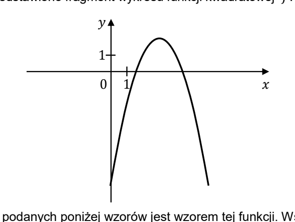 Parabola o ramionach skierowanych w dół, przecinająca oś x w dwóch punktach dodatnich; wierzchołek leży powyżej poziomu 1, a na obu osiach zaznaczono jedynie jednostkę 1 bez dalszej skali.