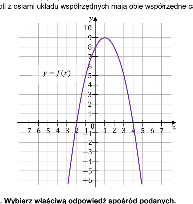 Parabola opisana jako y = f(x), o ramionach skierowanych w dół, z wierzchołkiem w punkcie (1,9) i punktami przecięcia z osią x w -2 oraz 4; osie wyskalowane co 1, x od -7 do 7, y od -6 do 10.
