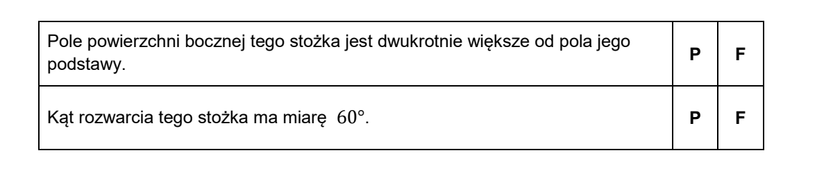 Tabela z dwoma stwierdzeniami do oceny prawda–fałsz. Wiersz pierwszy: pole powierzchni bocznej tego stożka jest dwukrotnie większe od pola jego podstawy. Wiersz drugi: kąt rozwarcia tego stożka ma miarę 60 stopni. Przy każdym wierszu pola wyboru P oraz F.