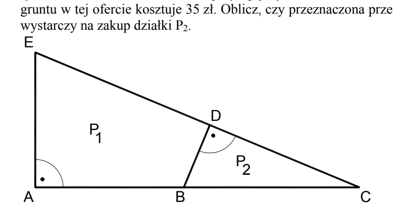 Plan dwóch przylegających działek: trójkąt prostokątny AEC o kącie prostym przy wierzchołku A — E u góry po lewej, A u dołu po lewej, C u dołu po prawej. Na boku AC zaznaczono punkt B, a na boku EC punkt D; odcinek BD jest prostopadły do EC, co zaznaczono kątem prostym przy D. Działka P1 to czworokąt AEDB, a działka P2 to trójkąt BDC. Podano: AE równe 5 cm, EC równe 13 cm, BC równe 6,5 cm.