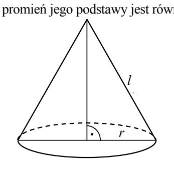 Stożek narysowany w rzucie równoległym: podstawa w kształcie elipsy, tworząca po prawej stronie oznaczona literą l. Od wierzchołka do środka podstawy poprowadzono wysokość, a od środka podstawy w prawo — promień oznaczony literą r. Kąt między wysokością a promieniem oznaczony jako prosty.