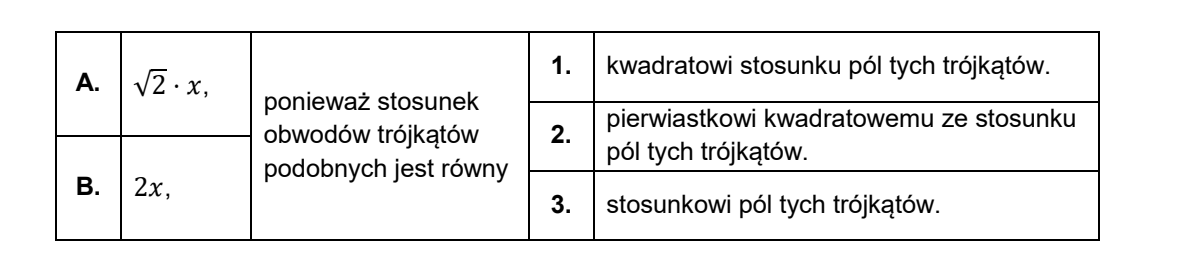 Tabela wyboru: kolumna z wariantami A i B dotyczącymi obwodu trójkąta KLM oraz kolumna z uzasadnieniami oznaczonymi 1, 2, 3
