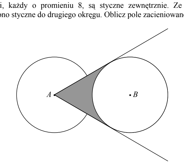 Dwa jednakowe okręgi styczne zewnętrznie, ustawione obok siebie: lewy o środku A, prawy o środku B. Ze środka A poprowadzono dwie proste styczne do prawego okręgu; punkty styczności leżą u góry i u dołu prawego okręgu. Zacieniowana jest figura ograniczona dwoma odcinkami stycznych, od punktu A do punktów styczności, oraz bliższym łukiem prawego okręgu.