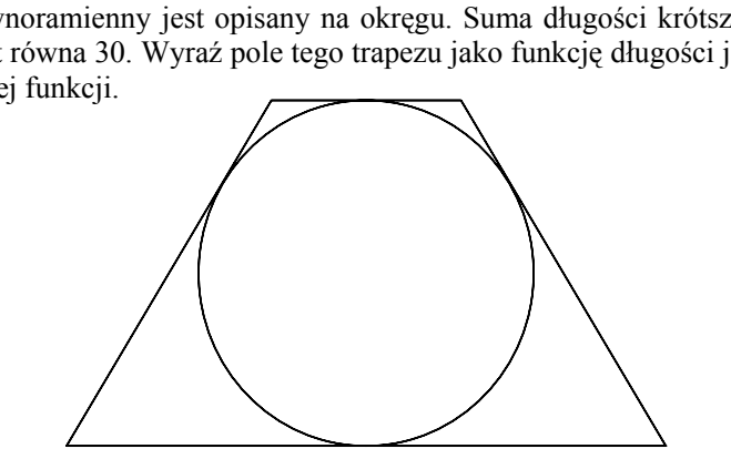 Trapez równoramienny opisany na okręgu: krótsza podstawa u góry, dłuższa u dołu, okrąg wpisany styczny do obu podstaw i do obu ramion.