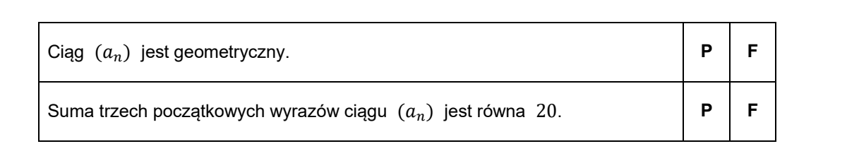 Wycinek arkusza CKE. U góry ciąg (a-n) określony wzorem a-n = 7 do potęgi n, podzielone przez 21, dla każdej liczby naturalnej n ≥ 1. Poniżej tabela oceny prawdziwości o dwóch wierszach: „Ciąg (a-n) jest geometryczny” oraz „Suma trzech początkowych wyrazów ciągu (a-n) jest równa 20”, każdy z dwiema kolumnami wyboru oznaczonymi literami P i F.