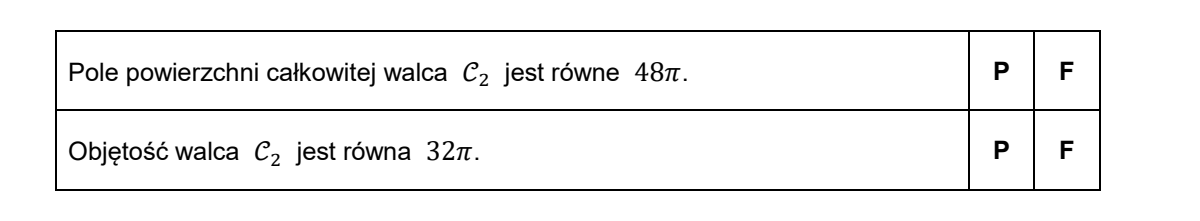 Tabela prawda-fałsz z dwoma wierszami: pole powierzchni całkowitej walca C2 jest równe 48 pi; objętość walca C2 jest równa 32 pi. Przy każdym wierszu kolumny P i F