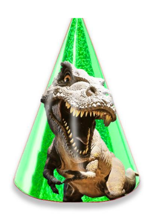 Zdjęcie papierowej czapeczki urodzinowej w kształcie stożka, w zielonym połyskliwym kolorze, z nadrukowanym wizerunkiem dinozaura tyranozaura.