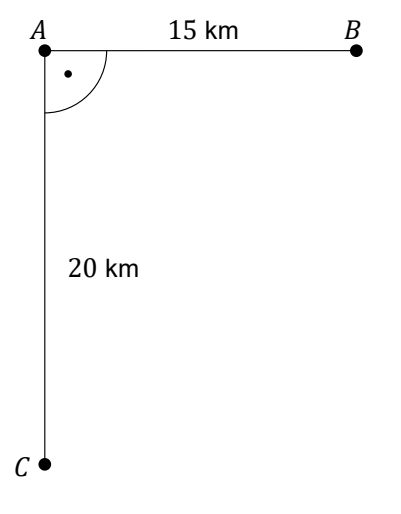 Szkic położenia trzech miejscowości: punkt A, punkt B oddalony o 15 km oraz punkt C oddalony o 20 km, przy czym odcinki AB i AC są do siebie prostopadłe. Zaznaczono trasy marszu z A do C oraz z B do C