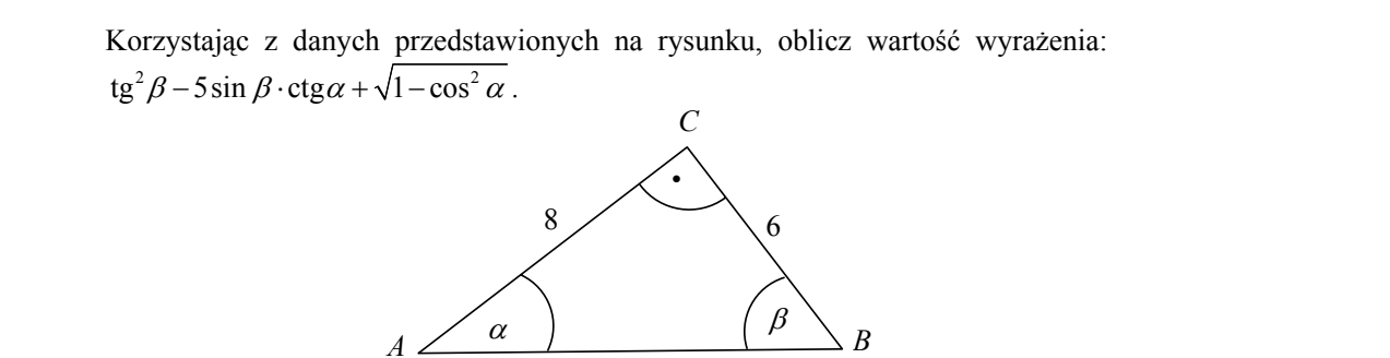 Trójkąt ABC z kątem prostym przy wierzchołku C, zaznaczonym kwadracikiem. Przyprostokątna AC ma długość 8, przyprostokątna BC długość 6. Kąt przy wierzchołku A oznaczono alfa, kąt przy wierzchołku B oznaczono beta.