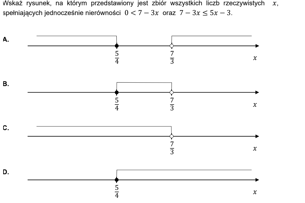 Cztery osie liczbowe oznaczone A, B, C i D z zaznaczonymi zbiorami. A: półprosta w lewo od 5/4 z kropką pełną i półprosta w prawo od 7/3 z kółkiem pustym. B: odcinek od 5/4 (kropka pełna) do 7/3 (kółko puste). C: półprosta w lewo od 7/3 z kółkiem pustym. D: półprosta w prawo od 5/4 z kropką pełną.