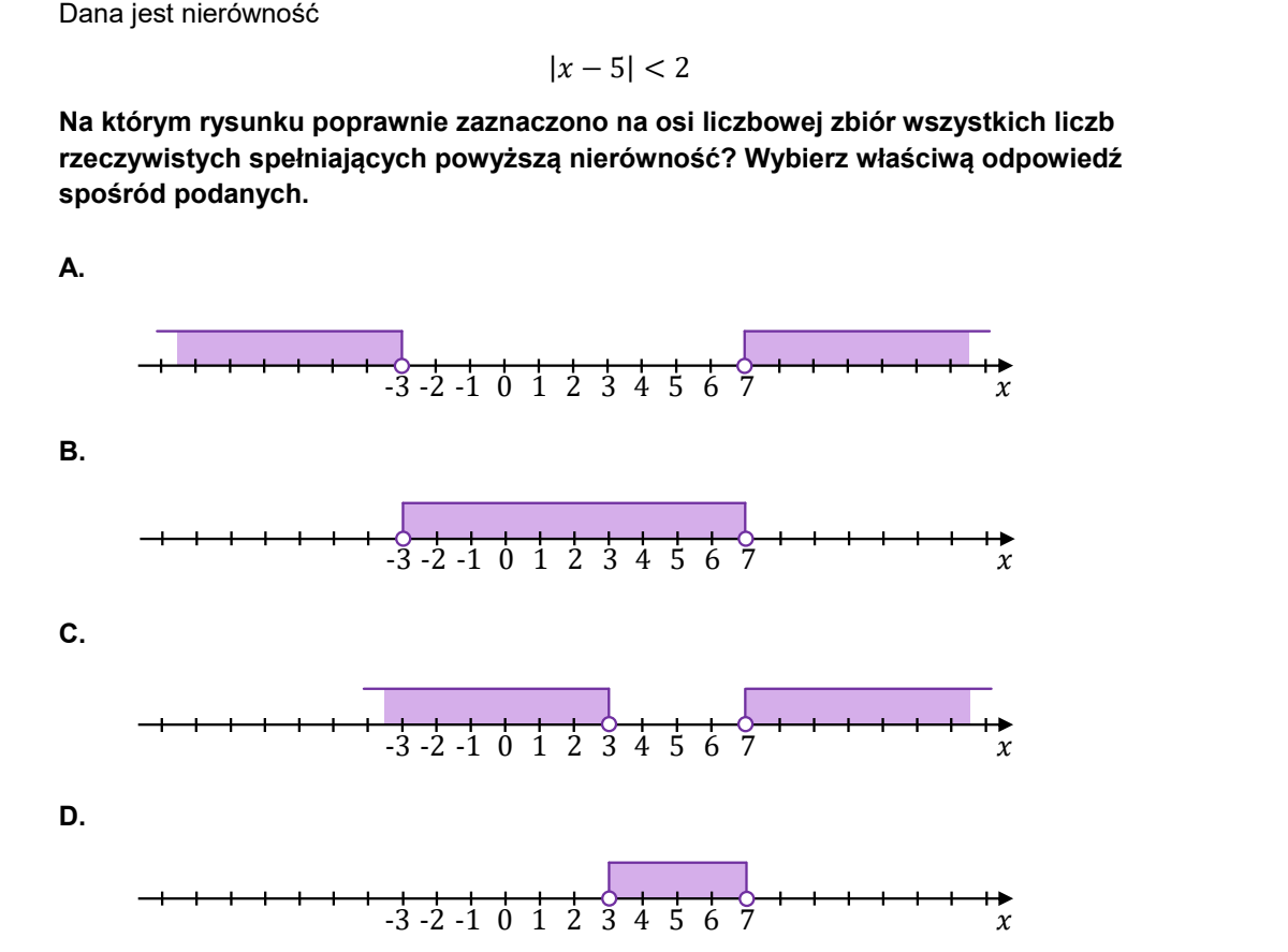 Cztery osie liczbowe A, B, C, D z zaznaczonymi przedziałami wokół liczby 5; warianty różnią się tym, czy przedział jest otwarty czy domknięty oraz czy jest to odcinek czy suma dwóch półprostych
