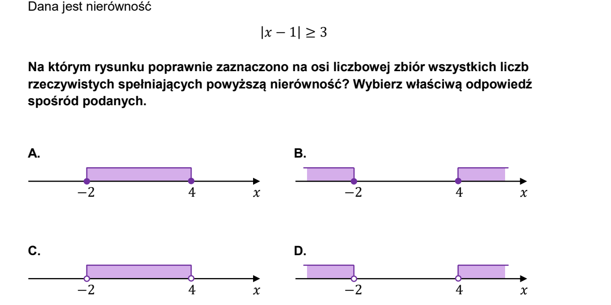 Cztery osie liczbowe oznaczone A, B, C i D, na każdej zaznaczono zbiór kolorem. A: odcinek od −2 do 4 z końcami zaznaczonymi kropkami pełnymi. B: dwie półproste — w lewo od −2 i w prawo od 4 — z końcami zaznaczonymi kropkami pełnymi. C: odcinek od −2 do 4 z końcami zaznaczonymi kółkami pustymi. D: dwie półproste — w lewo od −2 i w prawo od 4 — z końcami zaznaczonymi kółkami pustymi.