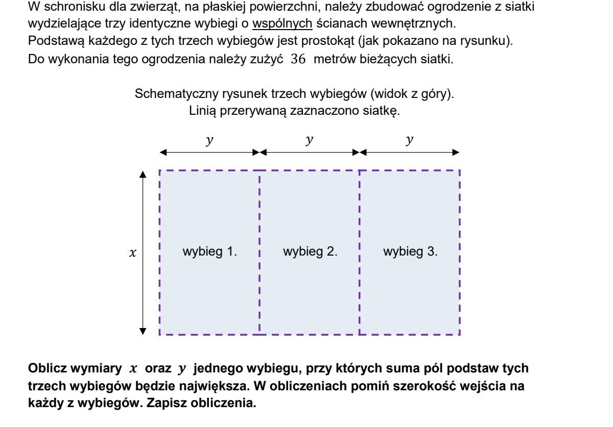 Schematyczny rysunek trzech przylegających do siebie prostokątnych wybiegów widzianych z góry, oznaczonych „wybieg 1.”, „wybieg 2.” i „wybieg 3.”. Siatkę zaznaczono linią przerywaną. Wspólna wysokość wszystkich trzech prostokątów oznaczona literą x i zaznaczona strzałką po lewej stronie. Szerokość każdego z prostokątów oznaczona literą y i zaznaczona trzema strzałkami nad rysunkiem.