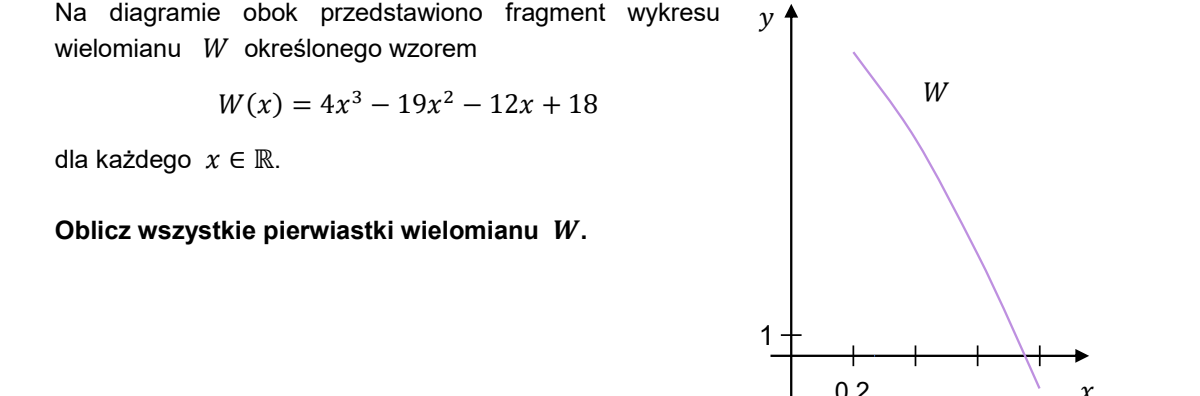 Fragment wykresu funkcji y=W(x) dla wielomianu W(x)=4x^3-19x^2-12x+18: krzywa trzeciego stopnia przecinająca oś Ox w trzech punktach