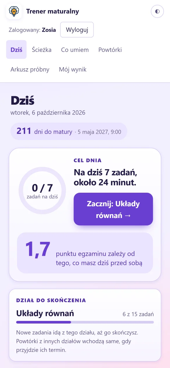 Ekran „Dziś” w aplikacji Trener Matura: cel dnia 7 zadań i liczba dni do matury