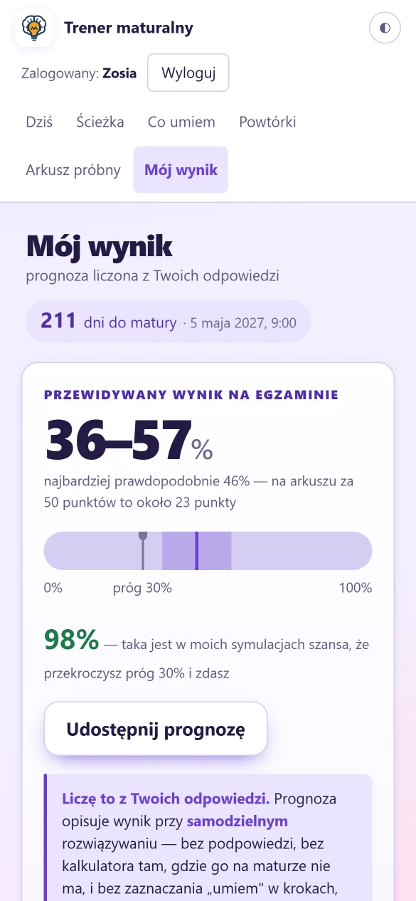 Ekran „Mój wynik” w aplikacji Trener Matura: przewidywany wynik 36–57% i szansa na próg 30%