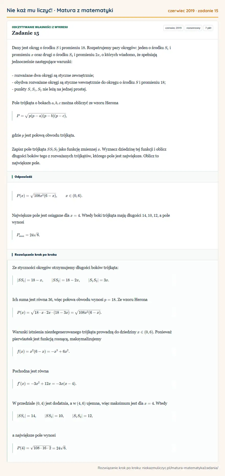 Rozwiązanie zadania 15 (matura z matematyki czerwiec 2019): Dany jest okrąg o środku S i promieniu 18. Rozpatrujemy pary okręgów: jeden o środku S1 i promieniu x oraz…
