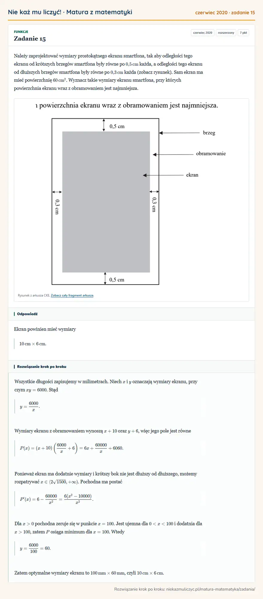 Rozwiązanie zadania 15 (matura z matematyki czerwiec 2020): Należy zaprojektować wymiary prostokątnego ekranu smartfona, tak aby odległości tego ekranu od krótszych…