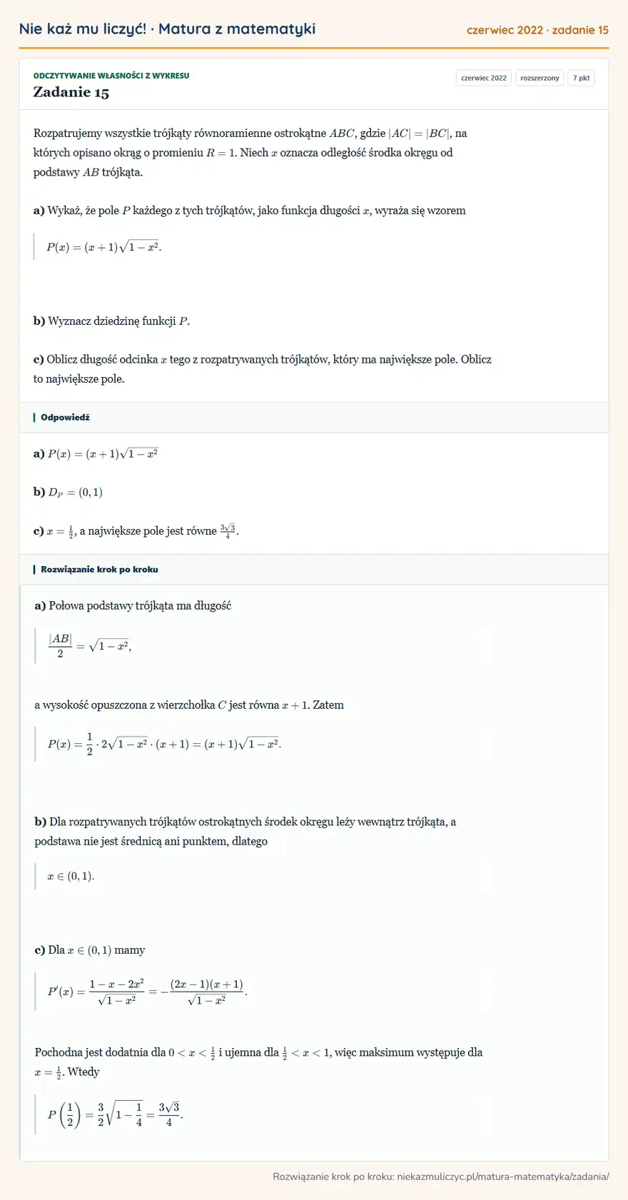 Rozwiązanie zadania 15 (matura z matematyki czerwiec 2022): Rozpatrujemy wszystkie trójkąty równoramienne ostrokątne ABC, gdzie |AC|=|BC|, na których opisano okrąg o…