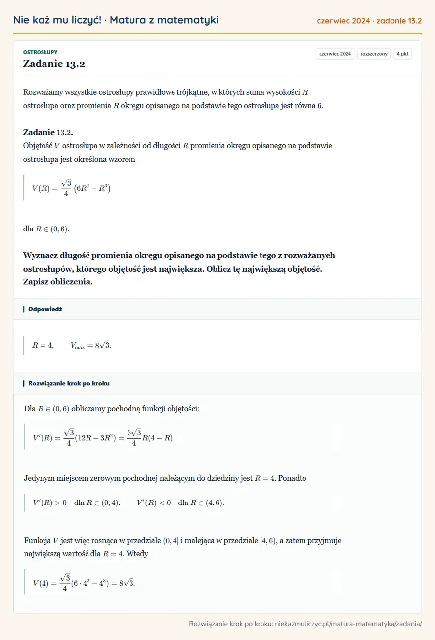 Rozwiązanie zadania 13.2 (matura z matematyki czerwiec 2024): Rozważamy wszystkie ostrosłupy prawidłowe trójkątne, w których suma wysokości H ostrosłupa oraz promienia R…