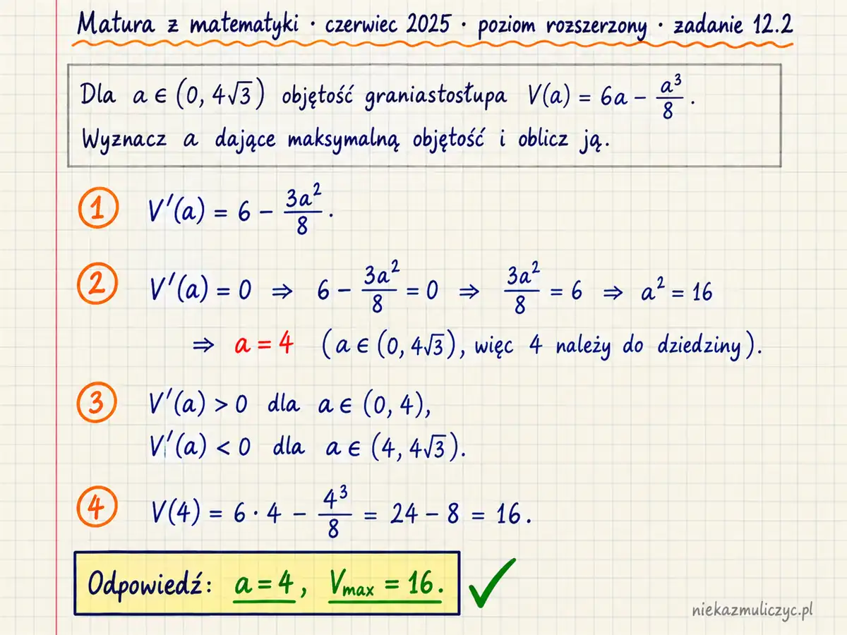 Rozwiązanie zadania 12.2, matura z matematyki czerwiec 2025, poziom rozszerzony: Rozważamy wszystkie graniastosłupy prawidłowe trójkątne o polu powierzchni całkowitej równym 24√3. Objętość V…