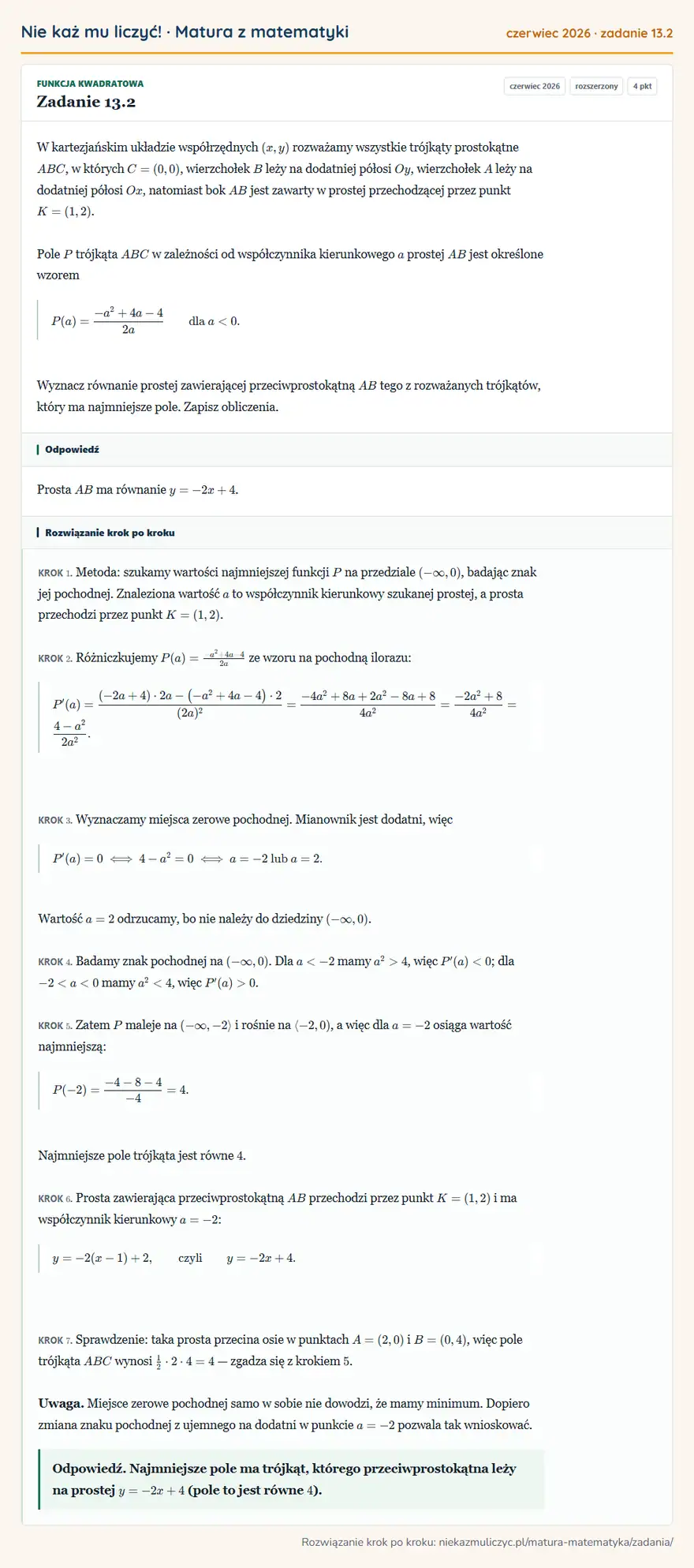Rozwiązanie zadania 13.2 (matura z matematyki czerwiec 2026): W kartezjańskim układzie współrzędnych (x,y) rozważamy wszystkie trójkąty prostokątne ABC, w których C=(0,0)…