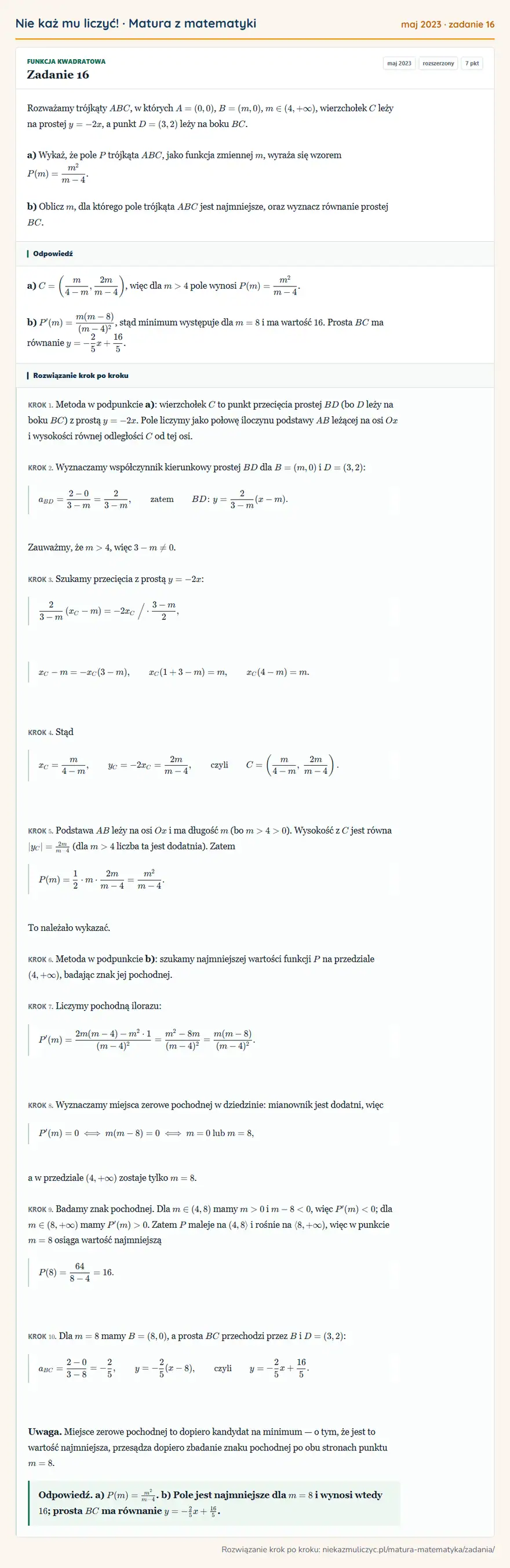 Rozwiązanie zadania 16, matura z matematyki maj 2023, poziom rozszerzony: Rozważamy trójkąty ABC, w których A=(0,0), B=(m,0), m∈(4,+∞), wierzchołek C leży na prostej y=-2x, a punkt…