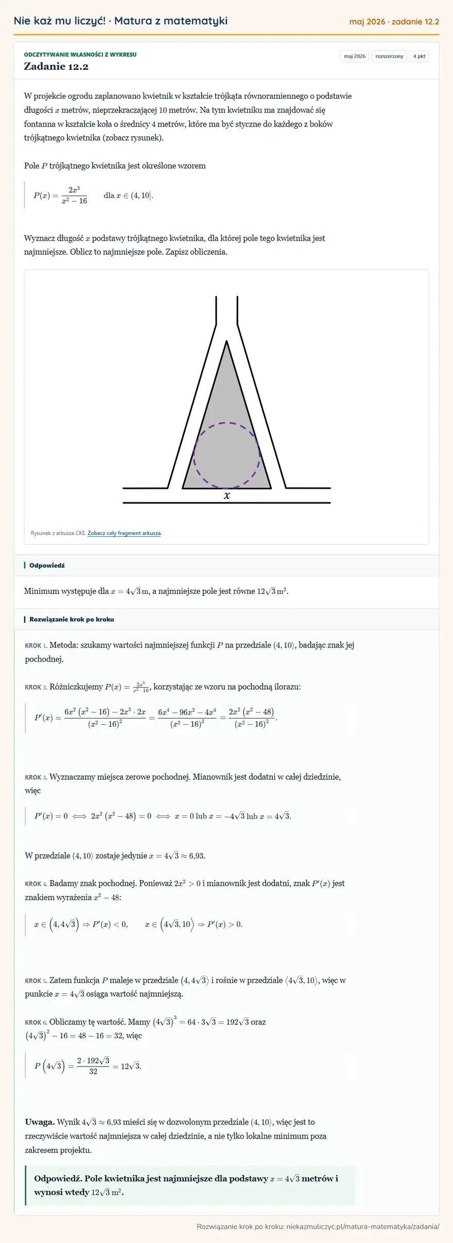 Rozwiązanie zadania 12.2 (matura z matematyki maj 2026): W projekcie ogrodu zaplanowano kwietnik w kształcie trójkąta równoramiennego o podstawie długości x metrów…
