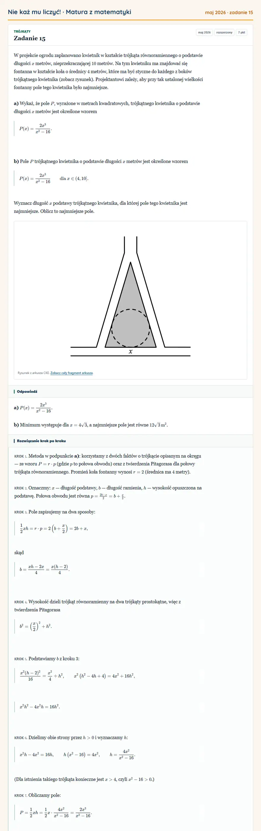 Rozwiązanie zadania 15 (matura z matematyki maj 2026): W projekcie ogrodu zaplanowano kwietnik w kształcie trójkąta równoramiennego o podstawie długości x metrów…