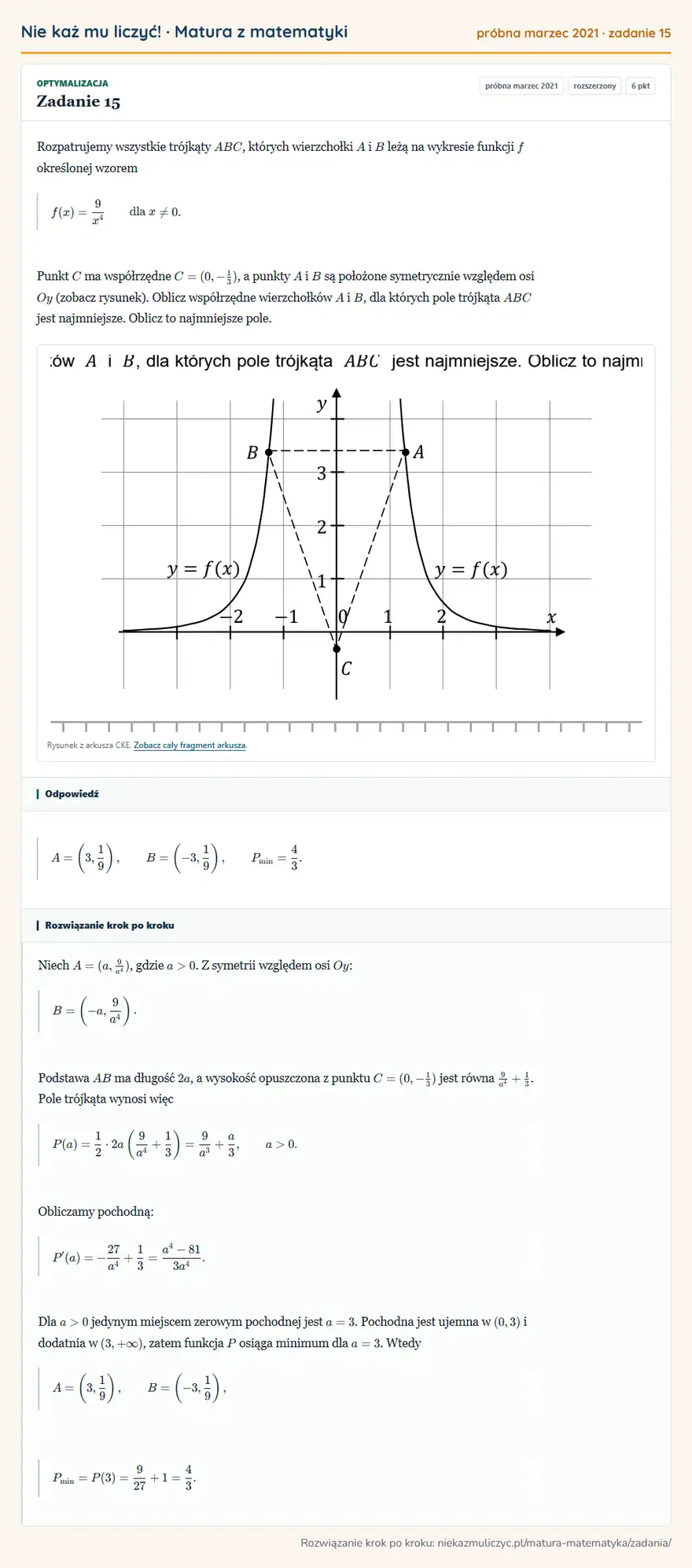 Rozwiązanie zadania 15 (matura z matematyki próbna marzec 2021): Rozpatrujemy wszystkie trójkąty ABC, których wierzchołki A i B leżą na wykresie funkcji f określonej wzorem…