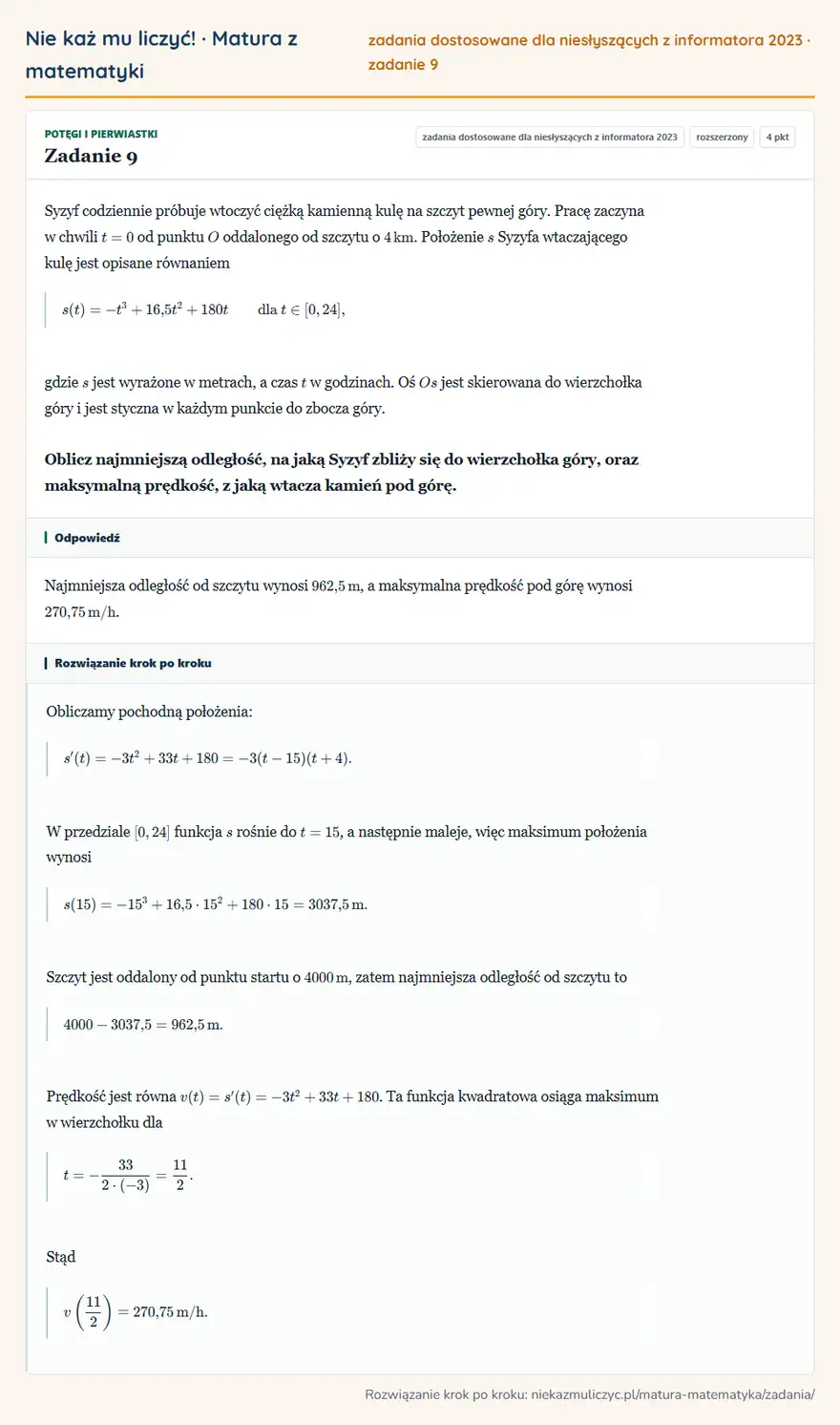 Rozwiązanie zadania 9, zbiór zadań z informatora CKE 2023, poziom rozszerzony: Syzyf codziennie próbuje wtoczyć ciężką kamienną kulę na szczyt pewnej góry. Pracę zaczyna w chwili t=0 od…