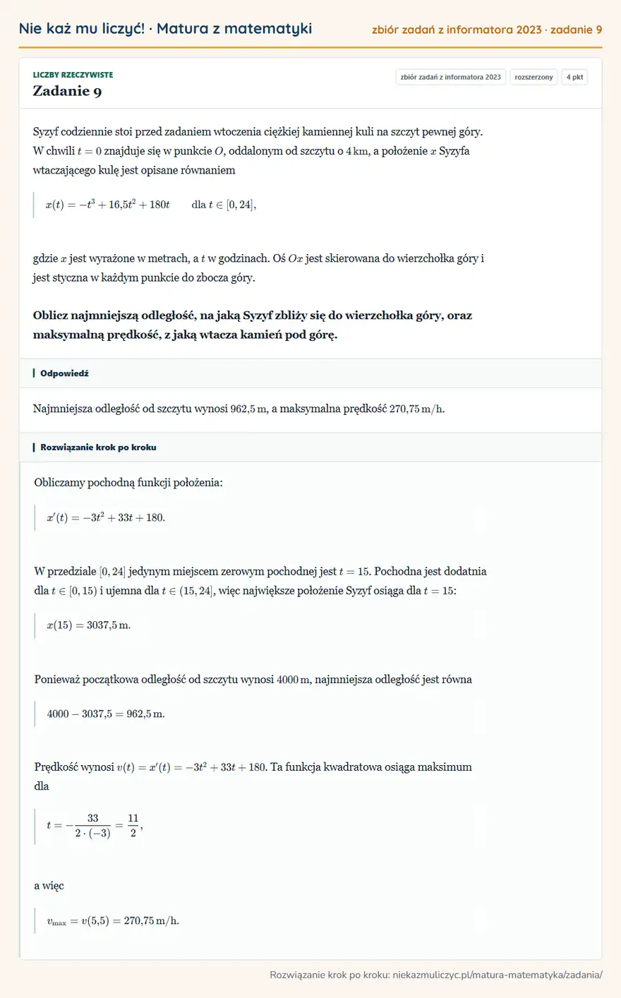Rozwiązanie zadania 9, zbiór zadań z informatora CKE 2023, poziom rozszerzony: Syzyf codziennie stoi przed zadaniem wtoczenia ciężkiej kamiennej kuli na szczyt pewnej góry. W chwili t=0…
