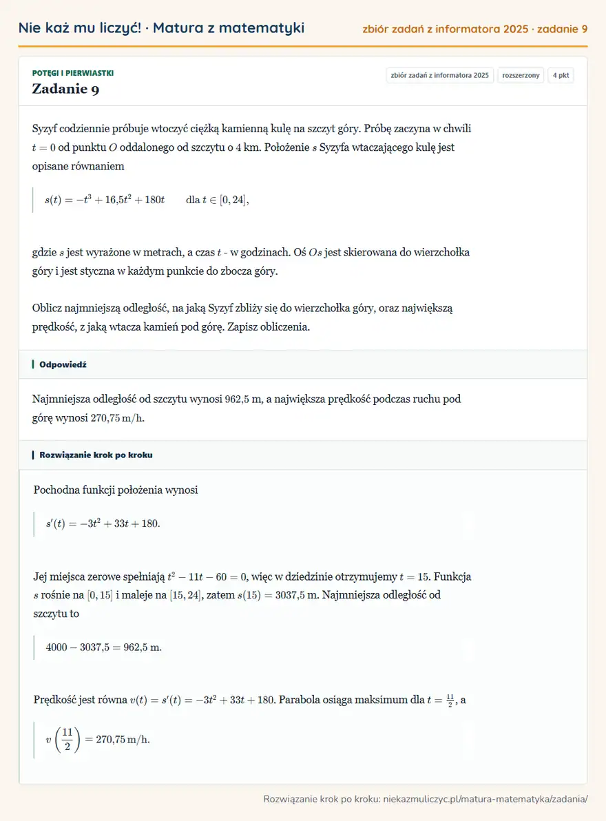 Rozwiązanie zadania 9, zbiór zadań z informatora CKE 2025, poziom rozszerzony: Syzyf codziennie próbuje wtoczyć ciężką kamienną kulę na szczyt góry. Próbę zaczyna w chwili t=0 od punktu O…