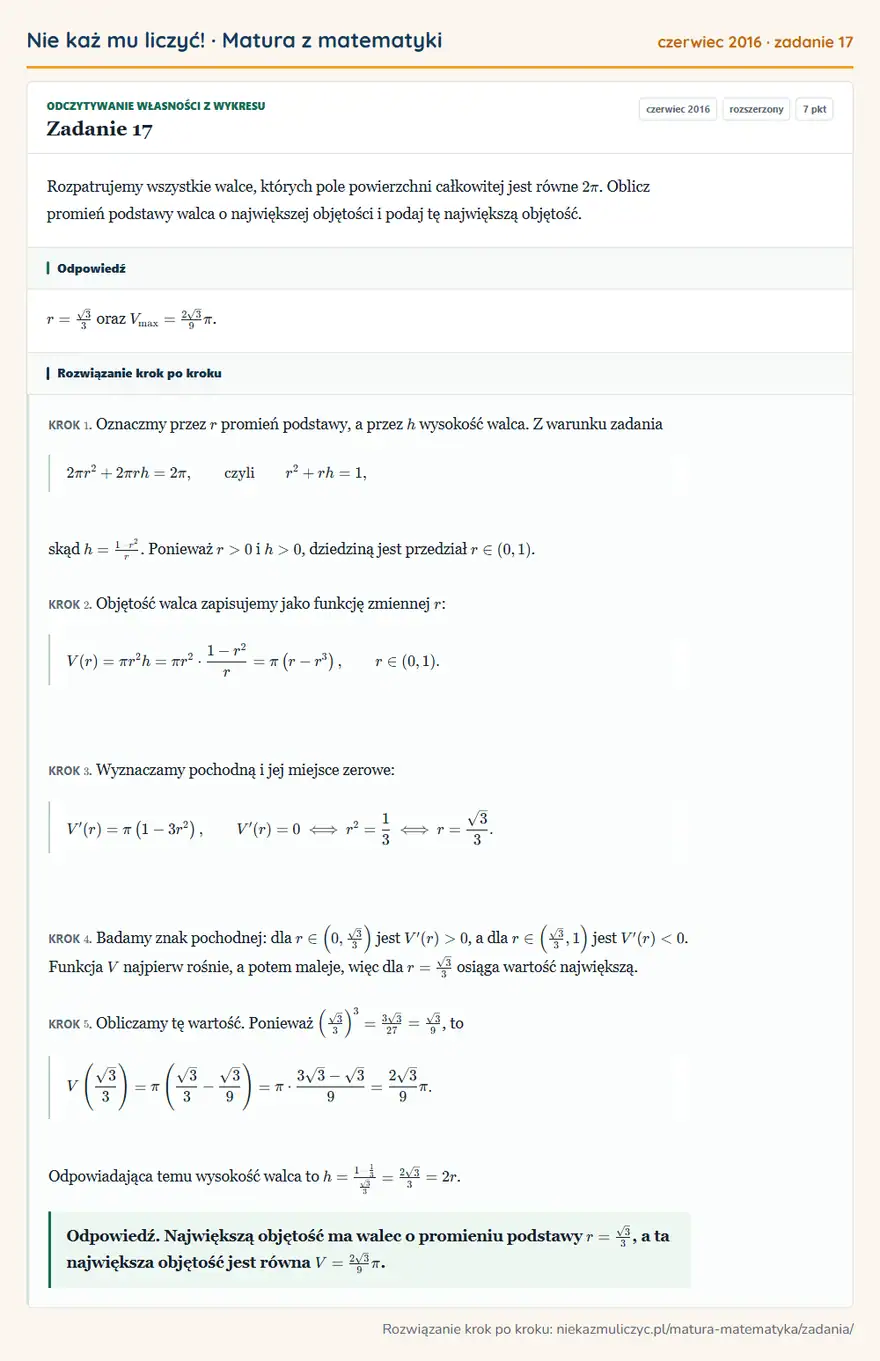 Rozwiązanie zadania 17 (matura z matematyki czerwiec 2016): Rozpatrujemy wszystkie walce, których pole powierzchni całkowitej jest równe 2π. Oblicz promień podstawy…