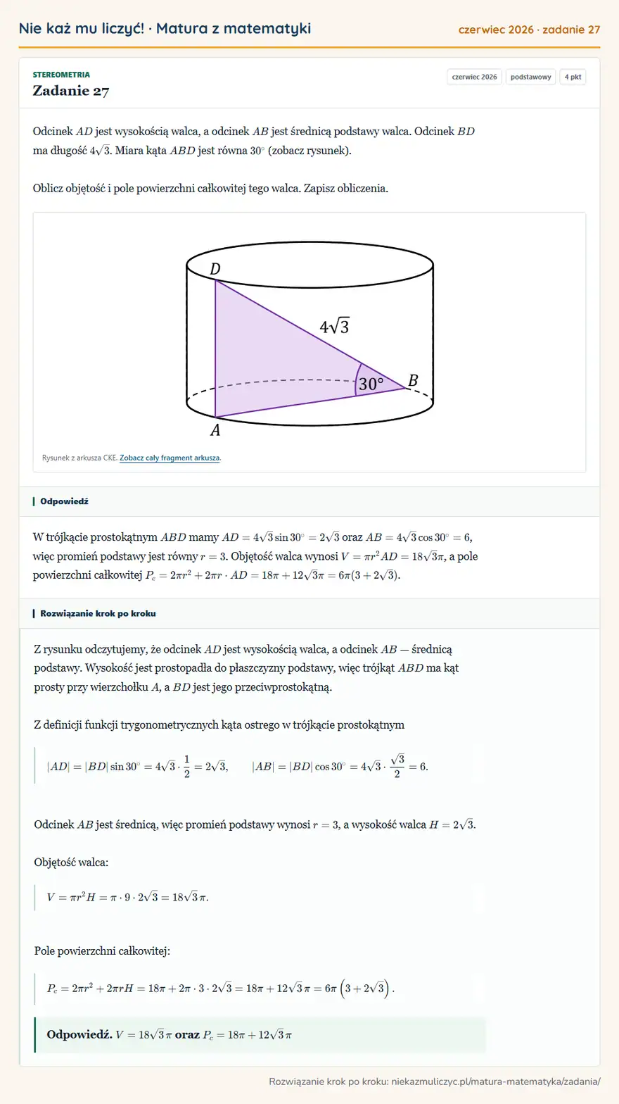 Rozwiązanie zadania 27 (matura z matematyki czerwiec 2026): Odcinek AD jest wysokością walca, a odcinek AB jest średnicą podstawy walca. Odcinek BD ma długość 4√3. Miara…