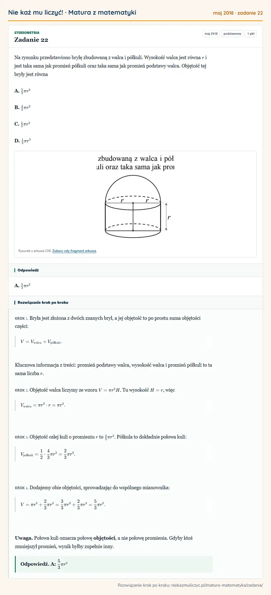 Rozwiązanie zadania 22 (matura z matematyki maj 2018): Na rysunku przedstawiono bryłę zbudowaną z walca i półkuli. Wysokość walca jest równa r i jest taka sama jak…