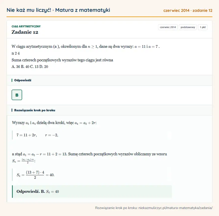 Rozwiązanie zadania 12 (matura z matematyki czerwiec 2014): W ciągu arytmetycznym (a ), określonym dla n ≥ 1, dane są dwa wyrazy: a = 11 i a = 7. n 2 4 Suma czterech…