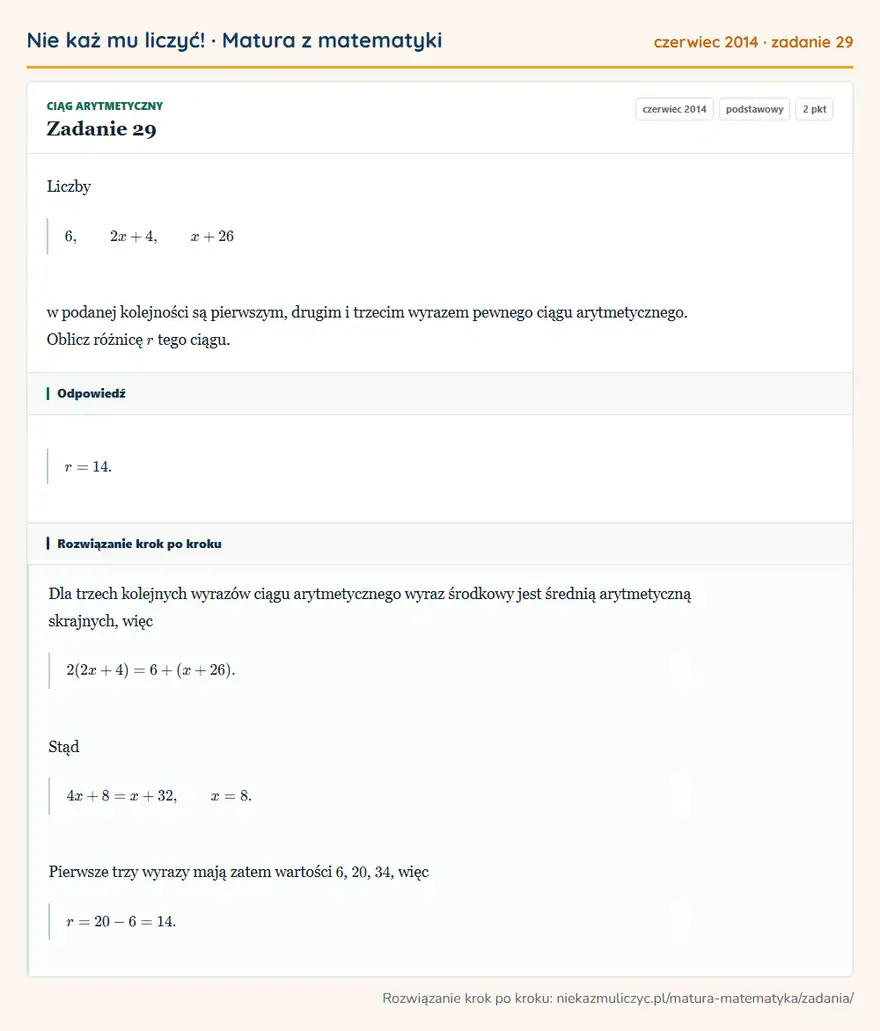 Rozwiązanie zadania 29 (matura z matematyki czerwiec 2014): Liczby 6, 2x+4, x+26 w podanej kolejności są pierwszym, drugim i trzecim wyrazem pewnego ciągu…