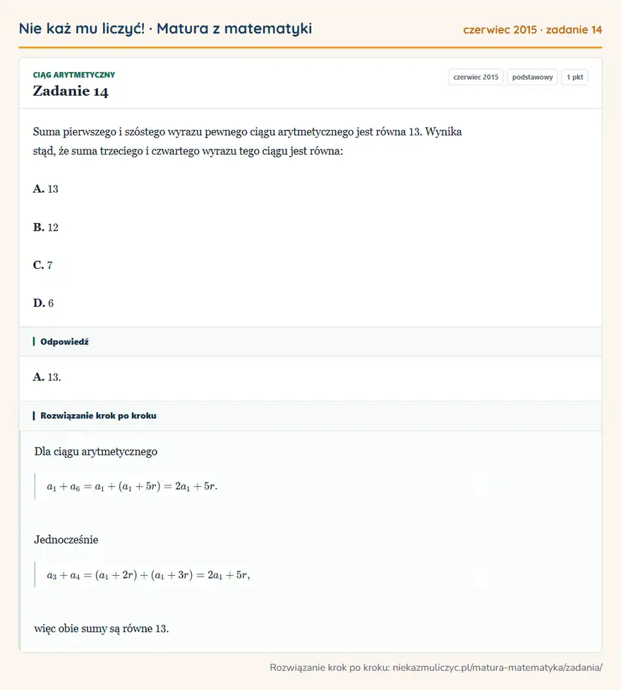 Rozwiązanie zadania 14 (matura z matematyki czerwiec 2015): Suma pierwszego i szóstego wyrazu pewnego ciągu arytmetycznego jest równa 13. Wynika stąd, że suma trzeciego…