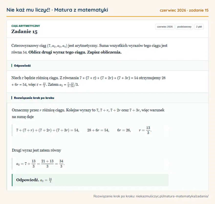 Rozwiązanie zadania 15 (matura z matematyki czerwiec 2026): Czterowyrazowy ciąg (7, a2, a3, a4) jest arytmetyczny. Suma wszystkich wyrazów tego ciągu jest równa 54…