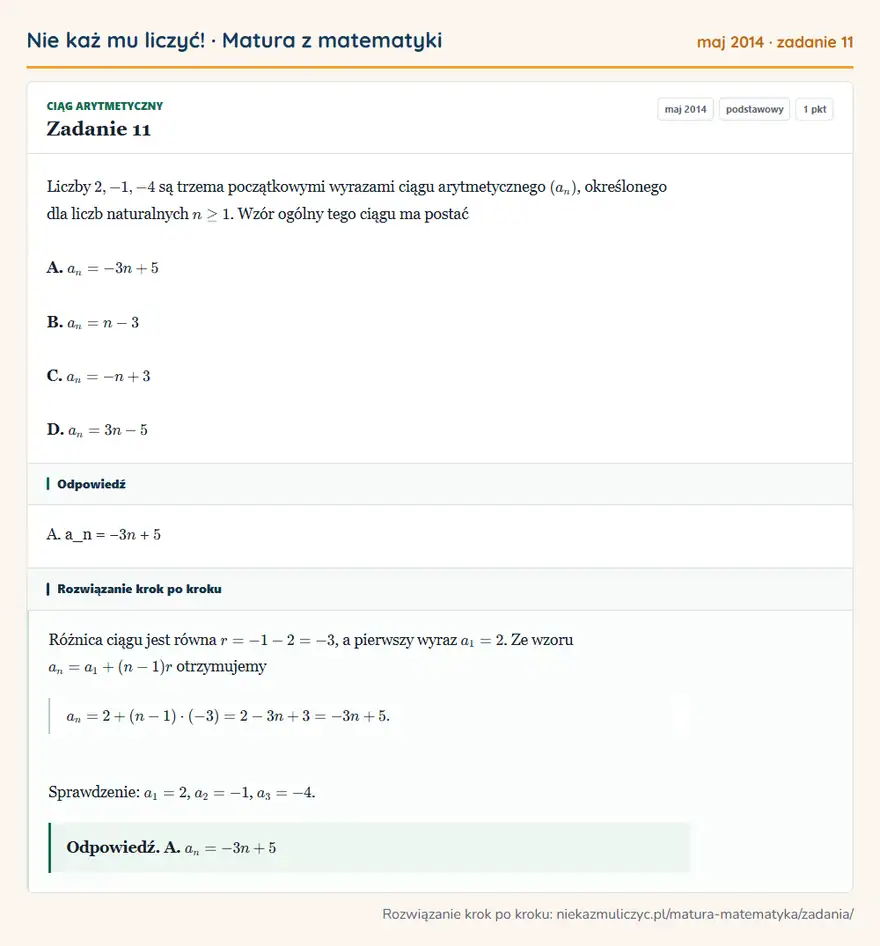 Rozwiązanie zadania 11 (matura z matematyki maj 2014): Liczby 2,-1,-4 są trzema początkowymi wyrazami ciągu arytmetycznego (an), określonego dla liczb naturalnych…