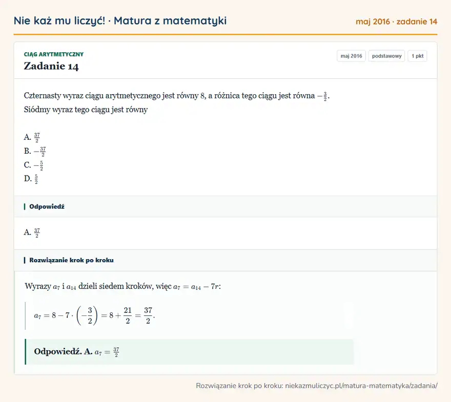 Rozwiązanie zadania 14 (matura z matematyki maj 2016): Czternasty wyraz ciągu arytmetycznego jest równy 8, a różnica tego ciągu jest równa -3/2. Siódmy wyraz tego…