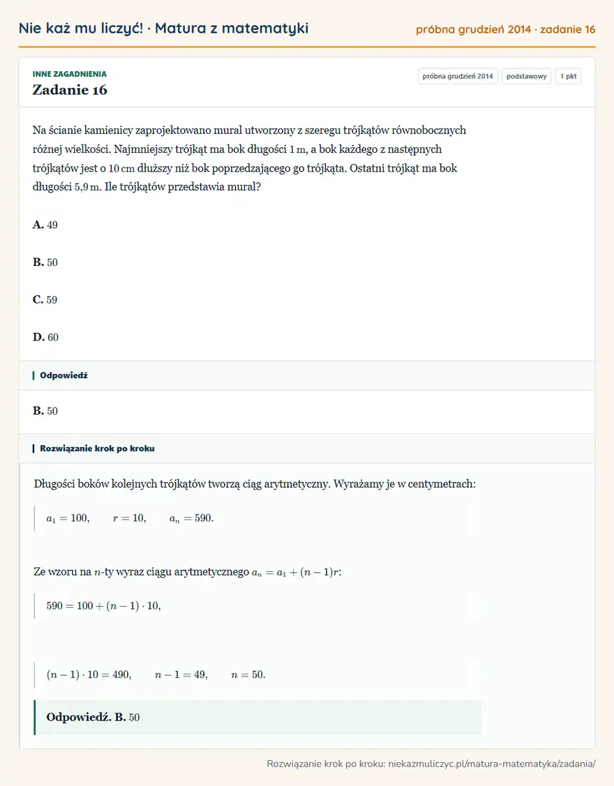Rozwiązanie zadania 16 (matura z matematyki próbna grudzień 2014): Na ścianie kamienicy zaprojektowano mural utworzony z szeregu trójkątów równobocznych różnej wielkości…