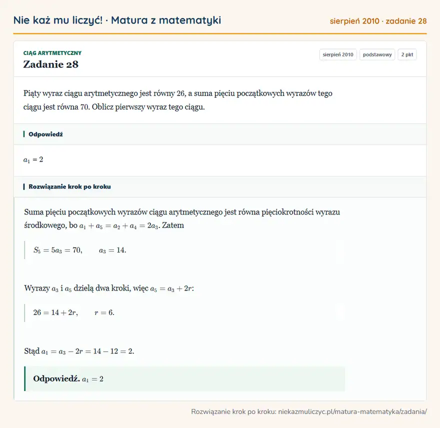 Rozwiązanie zadania 28 (matura z matematyki sierpień 2010): Piąty wyraz ciągu arytmetycznego jest równy 26, a suma pięciu początkowych wyrazów tego ciągu jest równa 70…
