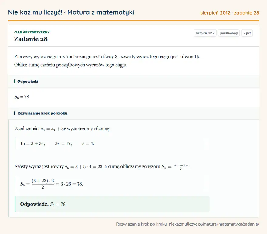 Rozwiązanie zadania 28 (matura z matematyki sierpień 2012): Pierwszy wyraz ciągu arytmetycznego jest równy 3, czwarty wyraz tego ciągu jest równy 15. Oblicz sumę sześciu…