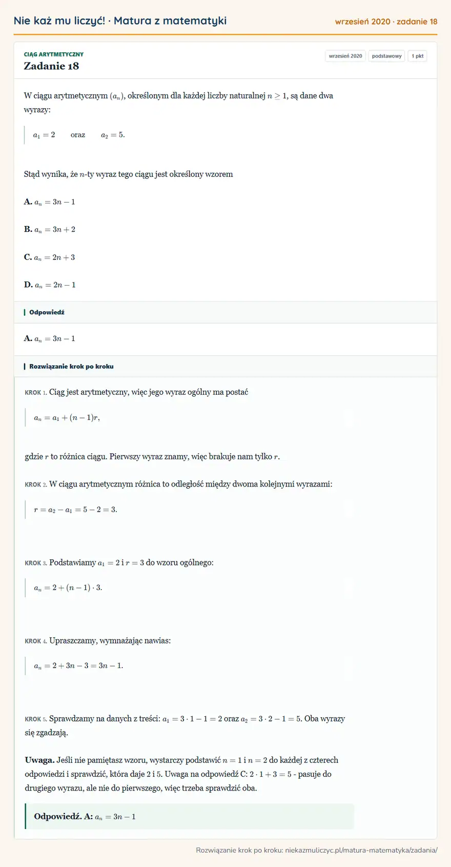 Rozwiązanie zadania 18 (matura z matematyki wrzesień 2020): W ciągu arytmetycznym (an), określonym dla każdej liczby naturalnej n≥1, są dane dwa wyrazy: a1=2 oraz a2=5…
