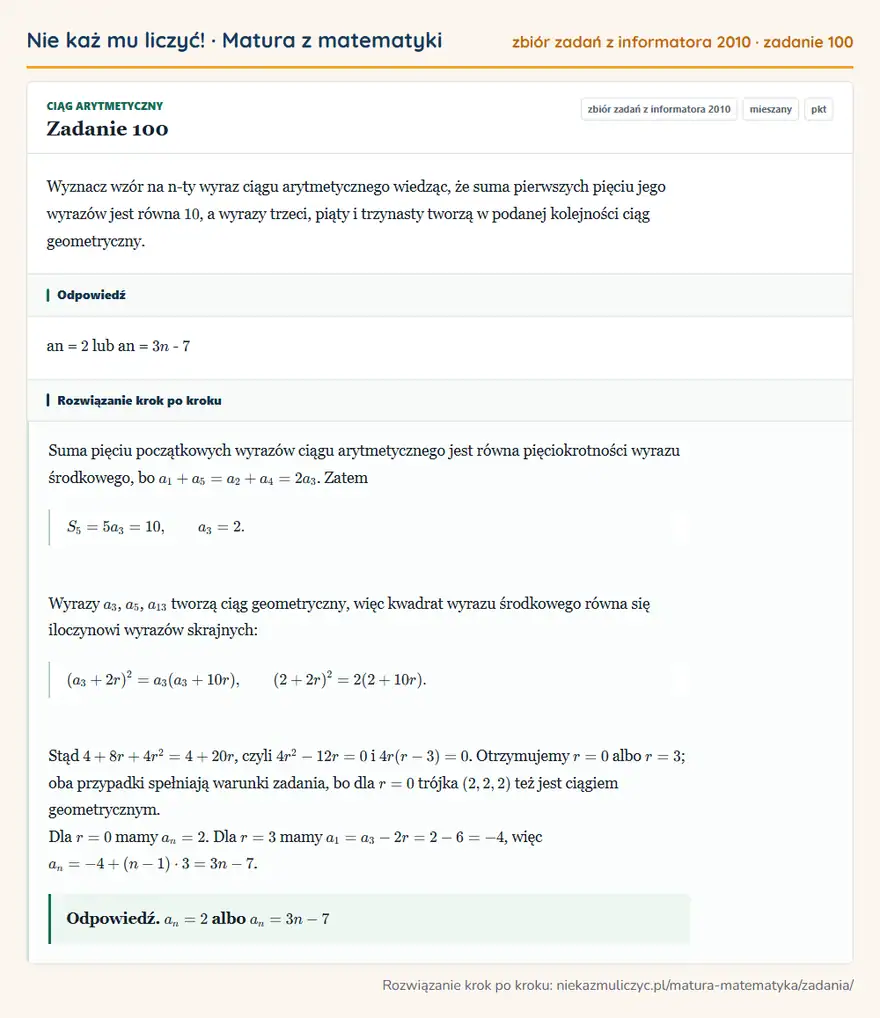 Rozwiązanie zadania 100 (zbiór zadań z informatora CKE 2010): Wyznacz wzór na n-ty wyraz ciągu arytmetycznego wiedząc, że suma pierwszych pięciu jego wyrazów jest równa…